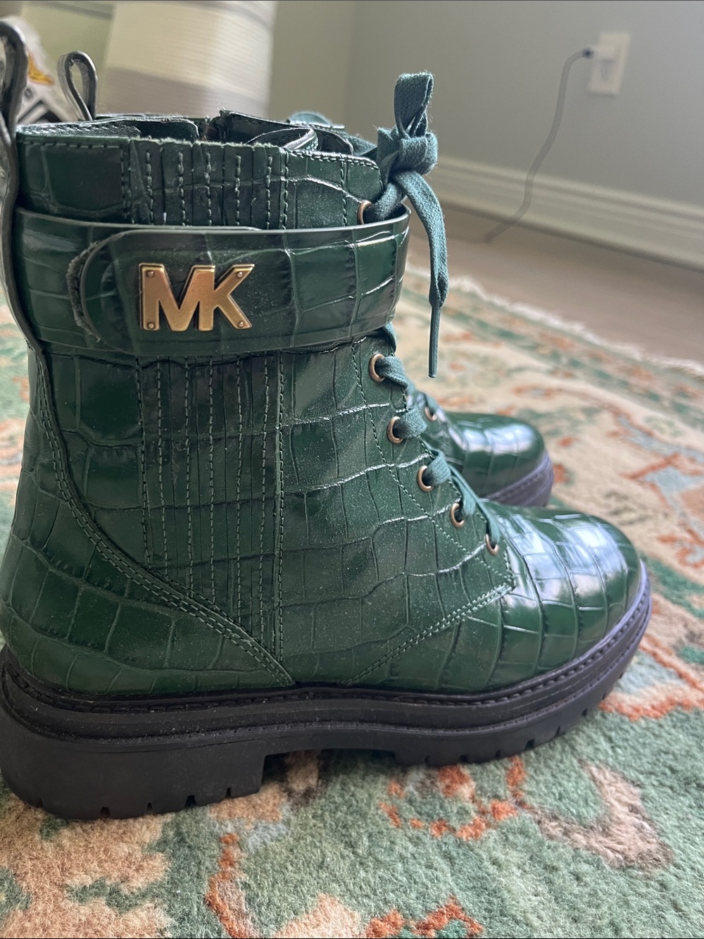 Michael Kors Dark Green Croc-Embossed Lace-Up Boots with MK Accent